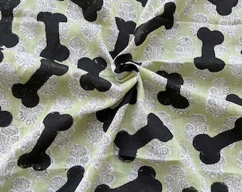 Tela de algodón con estampado de huesos de perro, impresa a mano en bloque, 44" de ancho