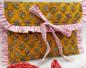 Hand Block Printed Quilted Laptop Sleeve, Blue Checkered Cotton MacBook Case, Ruffled Laptop Cover with Bow Tie, Padded Boho Computer Sleeve