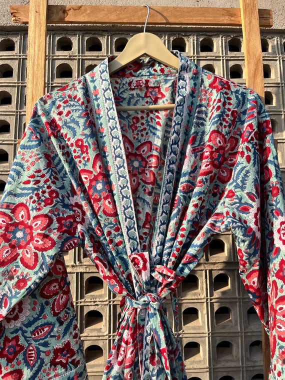 Floral Cotton Kimono Robe, Hand Block Print Loungewear, Plus Size