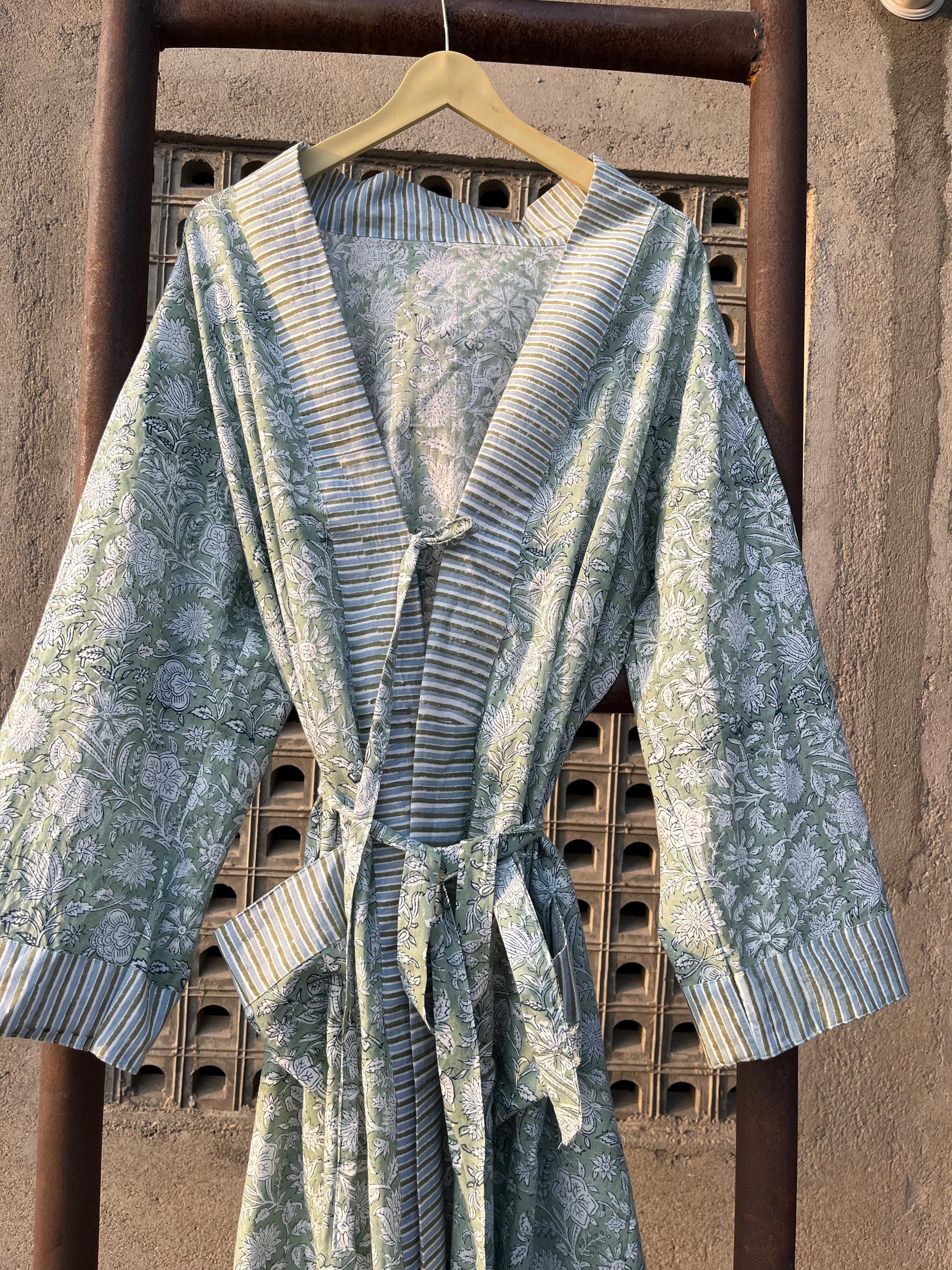 Bathrobe Handmade Block Printed Cotton Kimono Robe – Floral Print Boho Bathrobe – Lightweight, Breathable Loungewear for Women, Cozy Comfort
