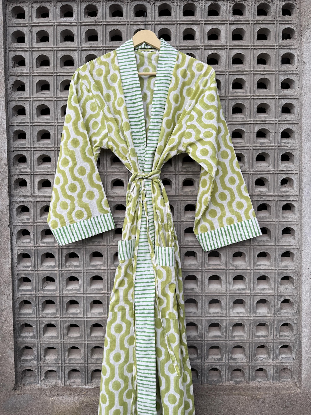 Block Print Robe Hand Block Print Cotton Kimono Robe – Boho Green Loungewear - Etsy