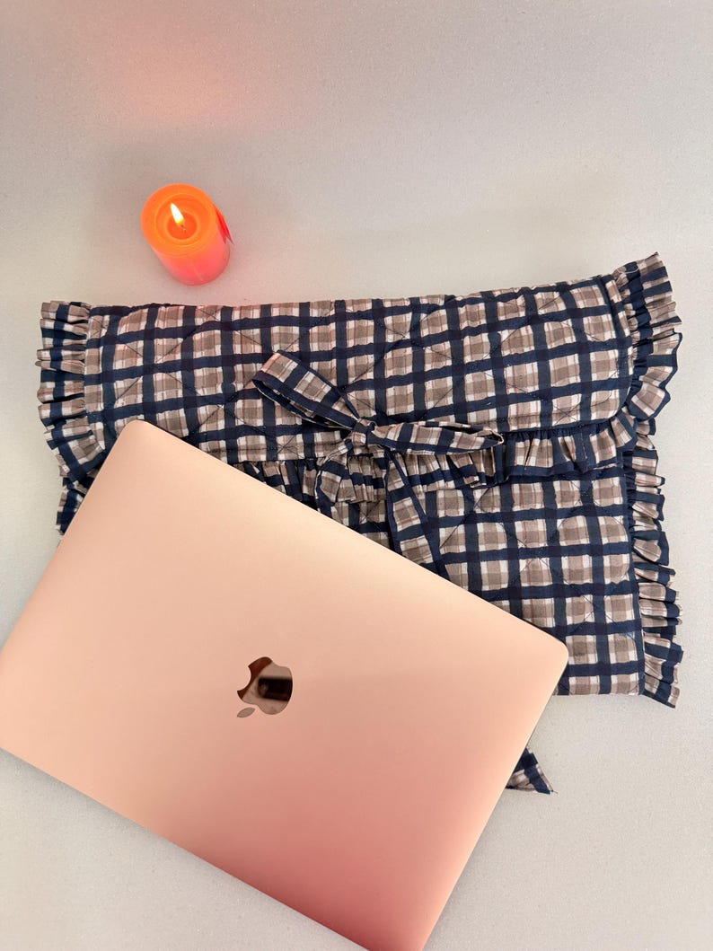 Hand Block Printed Quilted Laptop Sleeve, Blue Checkered Cotton MacBook ...