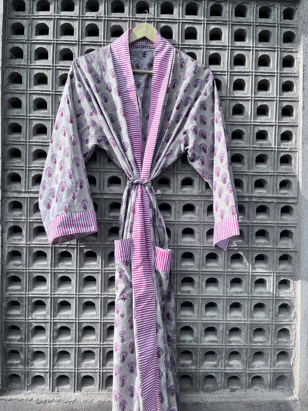 Drawn Block Robe Cotton Kimono Robe, Block Print Robes for Women, Dressing Gown, Plus ...