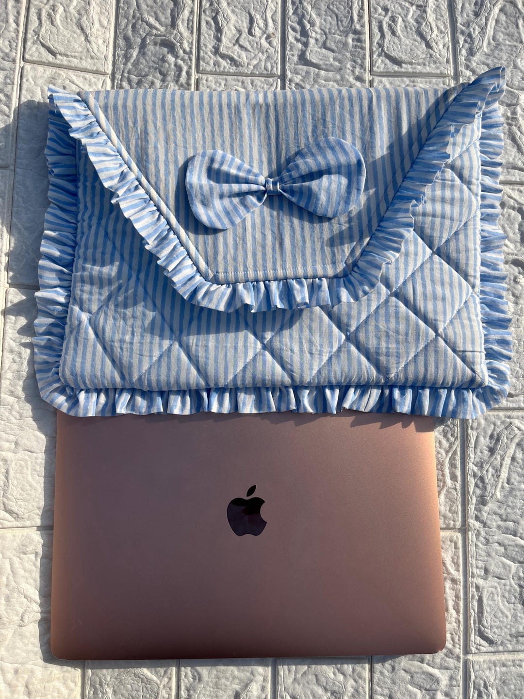 Handmade Quilted Laptop Sleeve: Ruffled Block Printed Cotton MacBook ...
