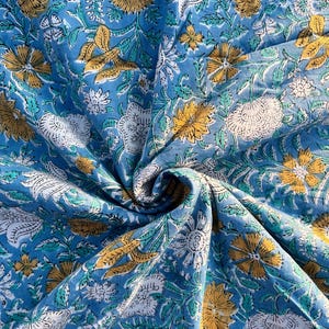 Blue Floral Block Print Cotton Fabric by the Yard - Handcrafted Indian Fabric for Sewing, Quilting, Curtains, and Craft Projects,Soft Cotton