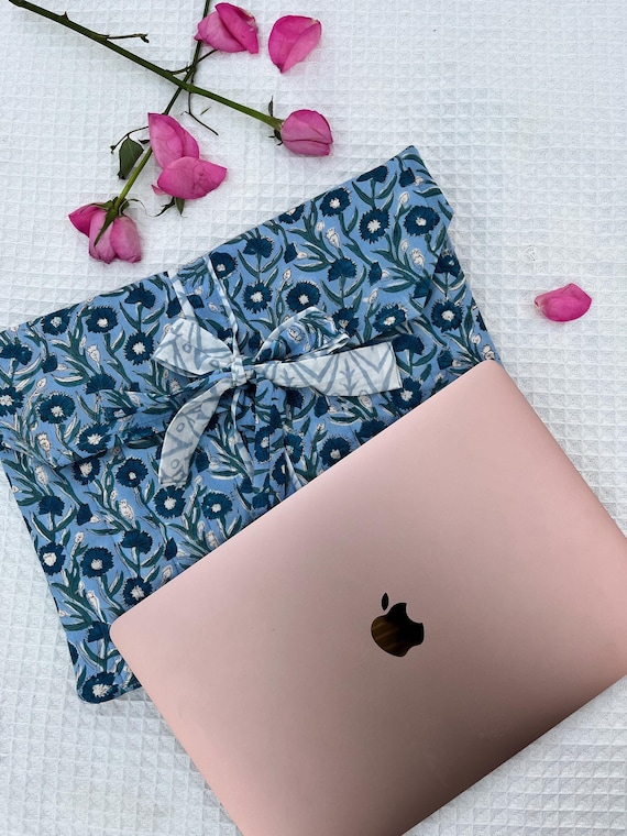 Hand Block Printed Laptop Sleeve: Blue Floral Cotton Case With Bow