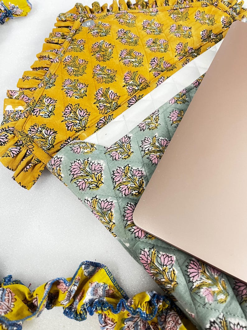 Handmade Floral Quilted Laptop Sleeve: Green & Yellow Block Print ...