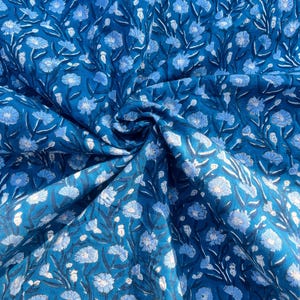 Blue Floral Cotton Fabric: Hand Block Print Indian Fabric by the Yard