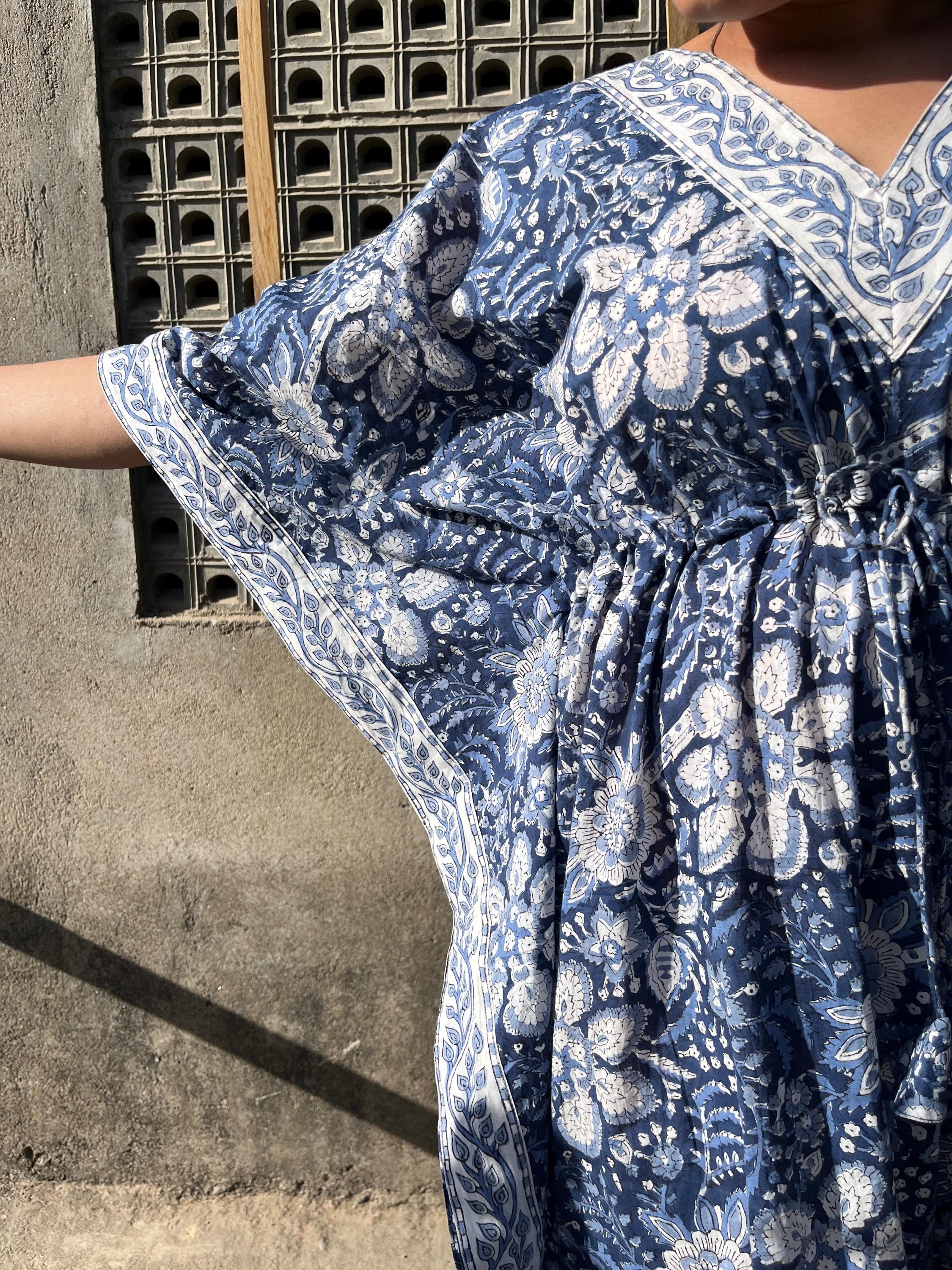 Pranipat Handicrafts Women's Blue Peacock Print Cotton Kaftan Dress - One Size Free Size Beach Cover Up | Nightwear | Maxi Dress - View #8