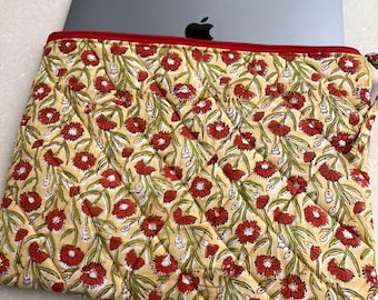 Hand Block Print Laptop Sleeve, Floral Padded Computer Case