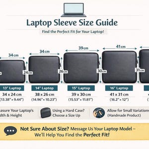 May include: A laptop sleeve size guide chart displaying six black rectangular cases in increasing sizes from 12 to 17 inches. Each case is labeled with width and height in centimeters and inches, including text instructions for measuring and sizing.