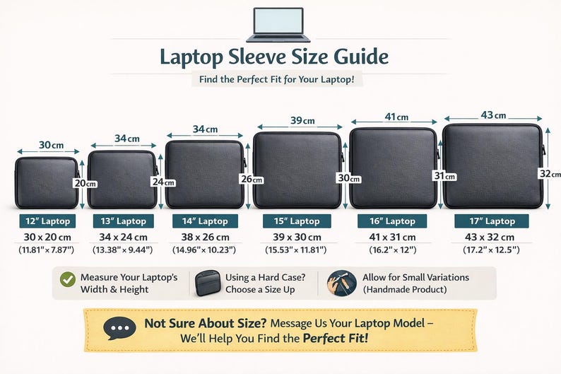 May include: A laptop sleeve size guide chart displaying six black rectangular cases in increasing sizes from 12 to 17 inches. Each case is labeled with width and height in centimeters and inches, including text instructions for measuring and sizing.