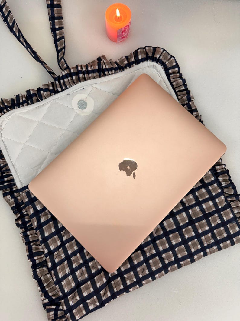 Hand Block Printed Quilted Laptop Sleeve, Blue Checkered Cotton MacBook ...