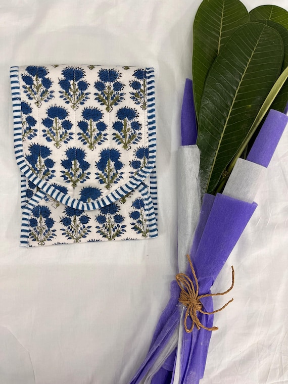 Handmade Quilted Kindle Sleeve: Blue Floral Block Print, Eco