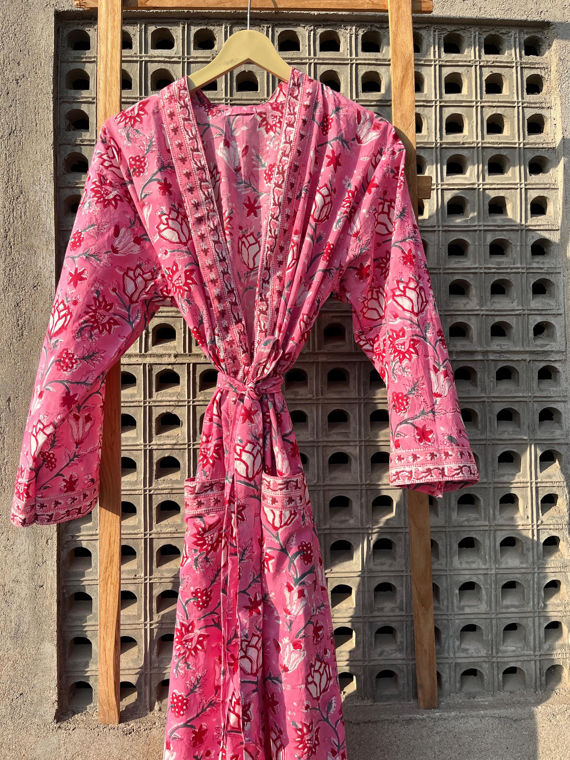 Pink Floral Cotton Kimono Robe: Hand Block Print Loungewear - Etsy