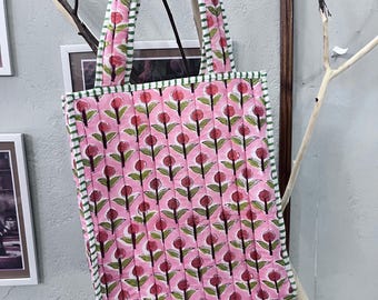 Handmade Quilted Cotton Tote Bag: Floral Block Print, Boho Shopper