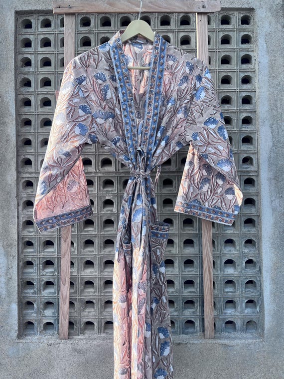 Bata kimono de algodón con estampado a mano Bata de baño floral