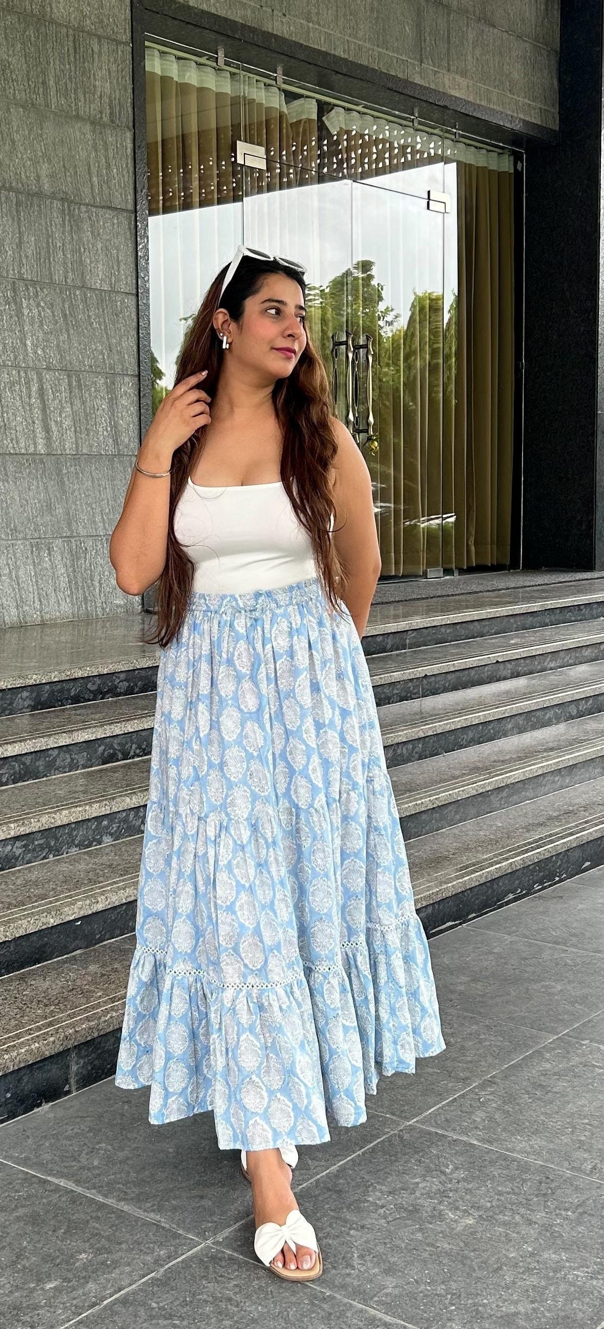 Hand Block Printed Cotton Maxi Skirt: Blue Floral Boho Dress - Etsy
