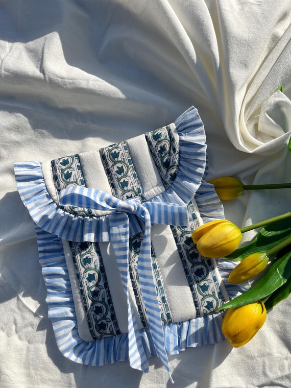 Handmade Quilted Kindle Sleeve: Blue Floral Block Print, Eco-Friendly