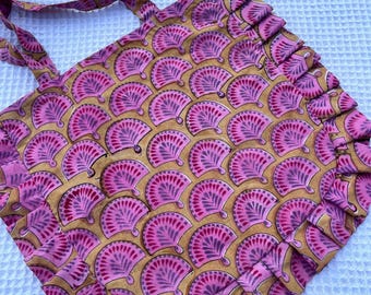 Hand Block Printed Cotton Ruffle Tote Bag: Pink & Mustard Boho Chic