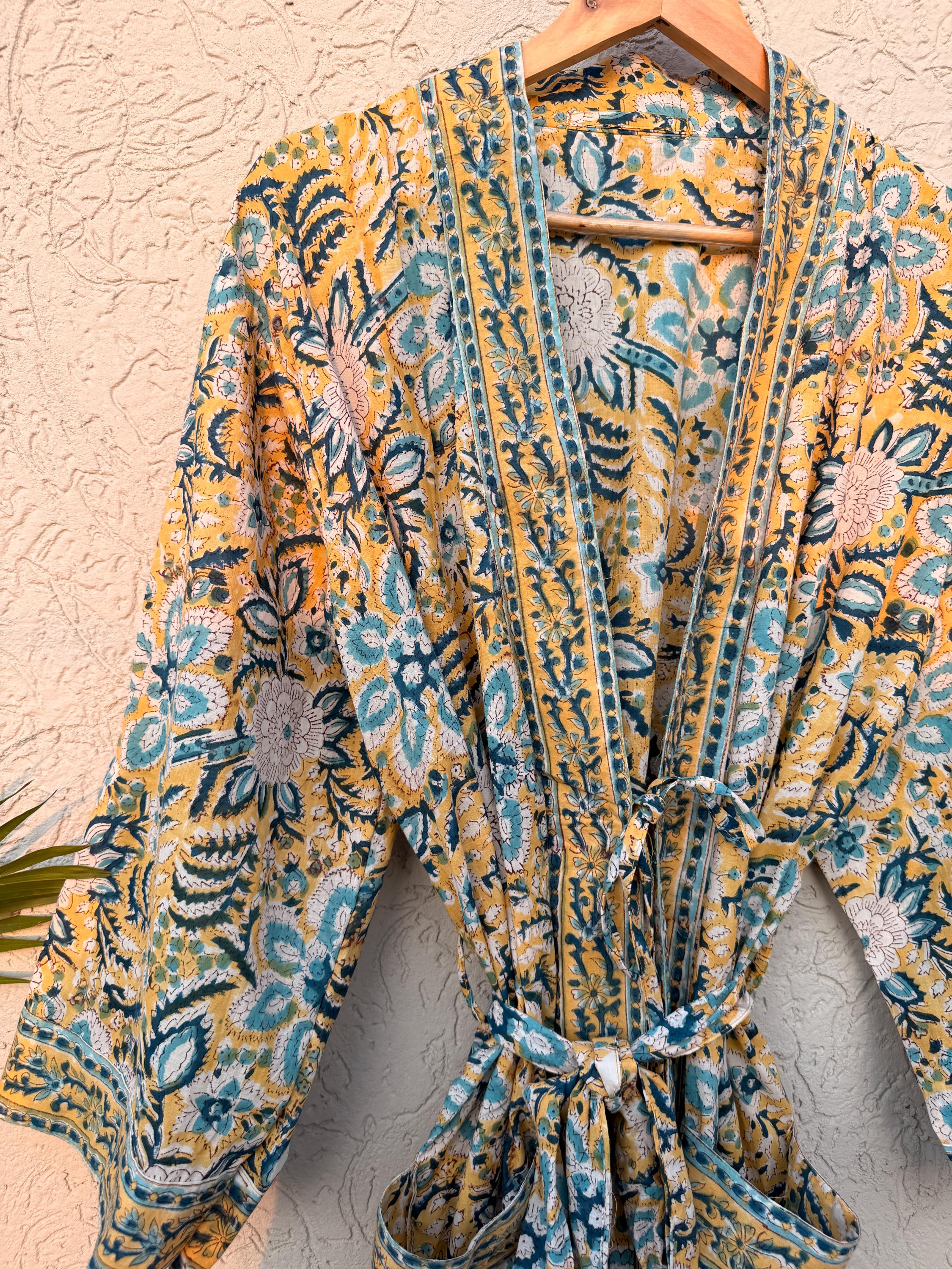 Drawn Block Robe Cotton Kimono Robe, Block Print Robes for Women, Dressing Gown, Plus ...