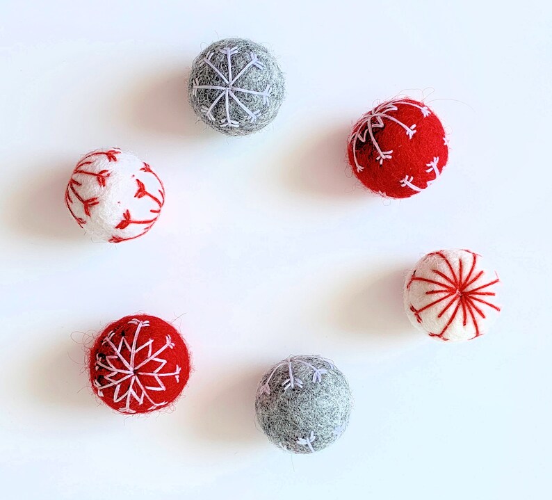 white and red with embroidered wool felt snowflakes 6 snowflake felt balls in grey Great for crafting for Christmas