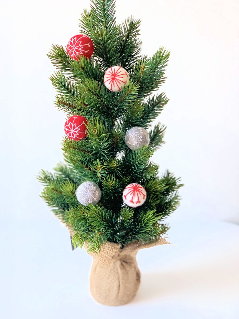 white and red with embroidered wool felt snowflakes 6 snowflake felt balls in grey Great for crafting for Christmas