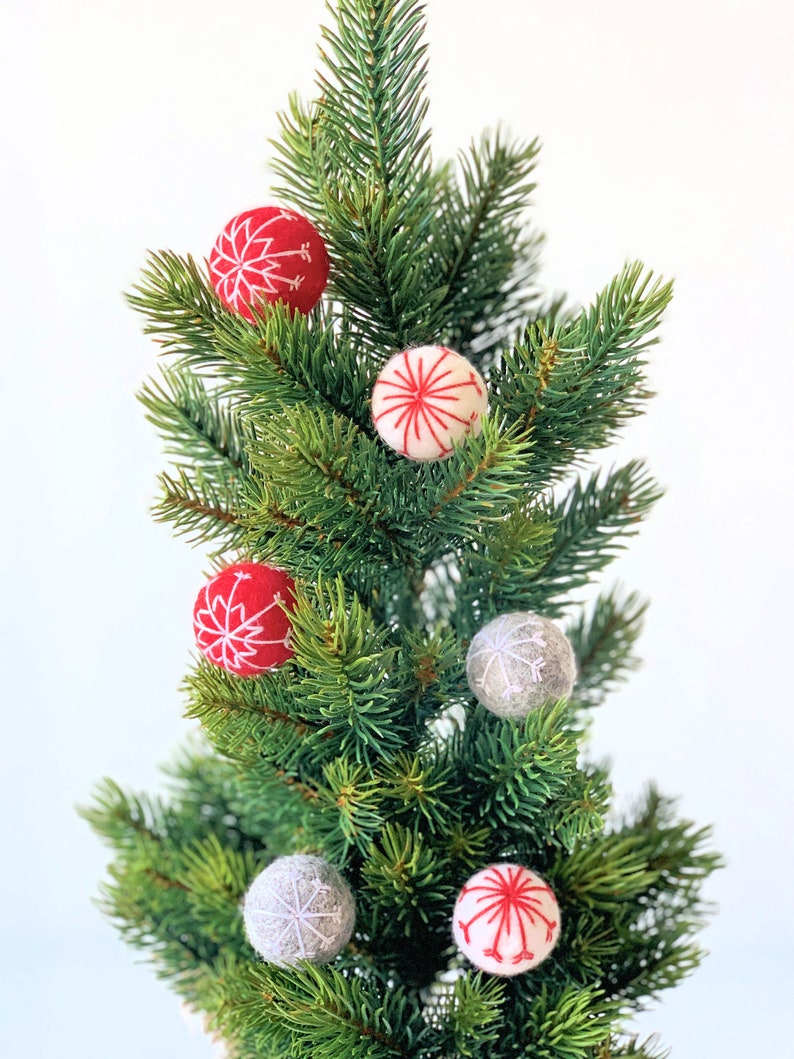 white and red with embroidered wool felt snowflakes 6 snowflake felt balls in grey Great for crafting for Christmas