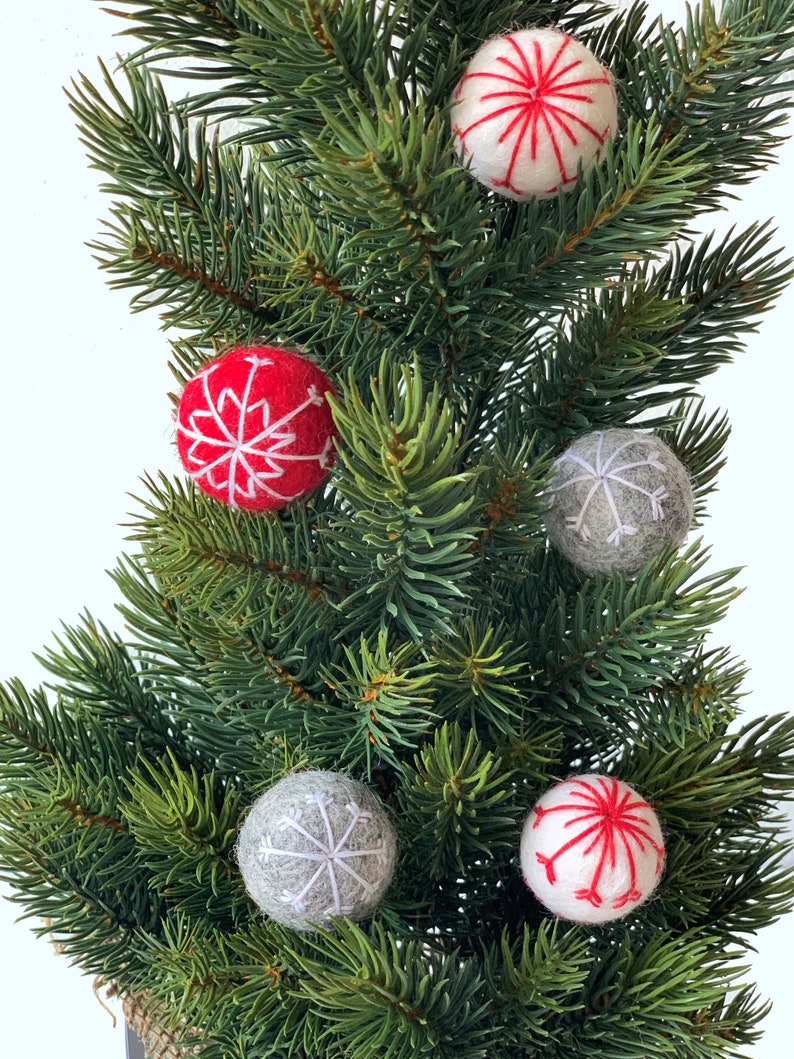 white and red with embroidered wool felt snowflakes 6 snowflake felt balls in grey Great for crafting for Christmas
