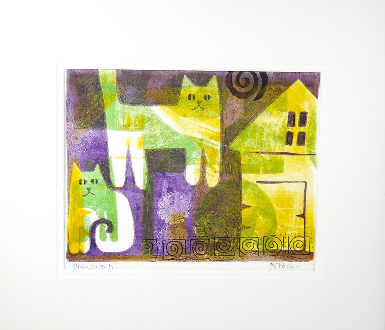 Stray Cats Double Matted Original Monoprint