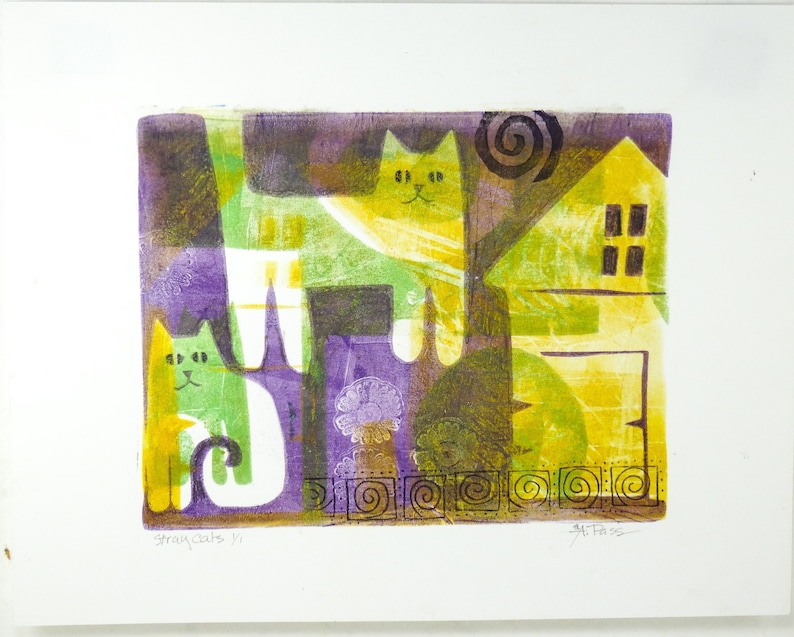 Stray Cats Double Matted Original Monoprint
