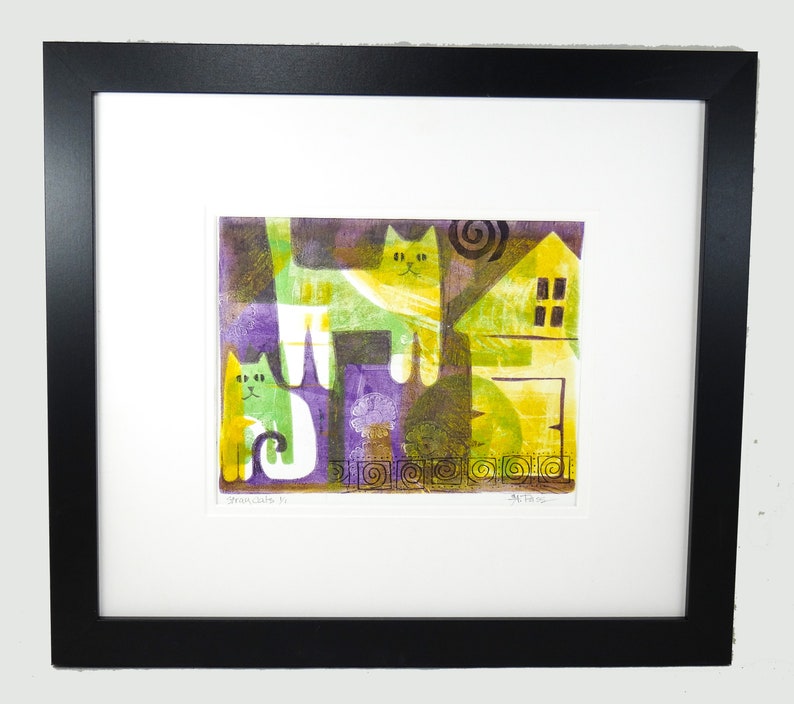 Stray Cats Double Matted Original Monoprint
