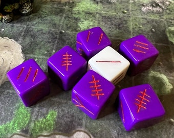 Bawwwk's Knucklebones Set of 6d6 (Purple with Red Etching) and 1d3 (White) with sealed bag. Far realm magic may or may not be included.