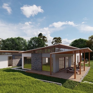 Moderne landhuisplannen, huisplan met 5 slaapkamers, huisplan met één verdieping, 3D-plattegronden, cottage-huisplan, bouwkundige tekeningen.