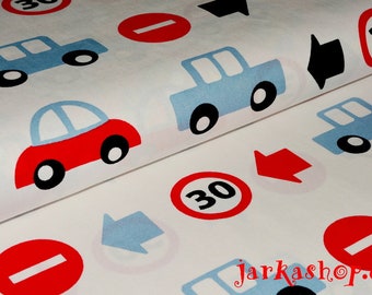 Baumwolle-Stoff Autos blau-rot mit Verkehrzeichen