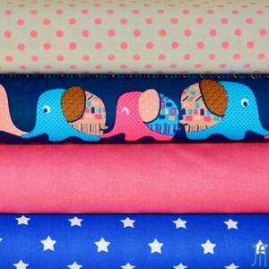 Fabric set, owls colorful green and turquoise pink 4 x 0.5 m