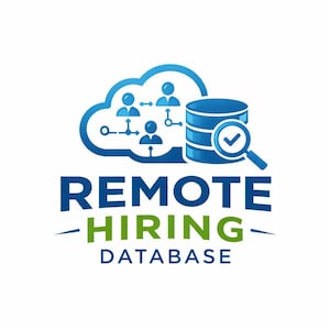 May include: A logo for "Remote Hiring Database" features a blue cloud with connected figures, a database icon, and a magnifying glass with a checkmark. The text "REMOTE HIRING DATABASE" is in blue and green.