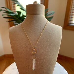 PRISM + CRYSTAL ∆ ボヘミアンネックレス、ゴールド、エンジェルオーラ、六角形、ヒーリングクリスタル、虹色、ロングネックレス、幾何学、クォーツ、マーメイドクリスタル、