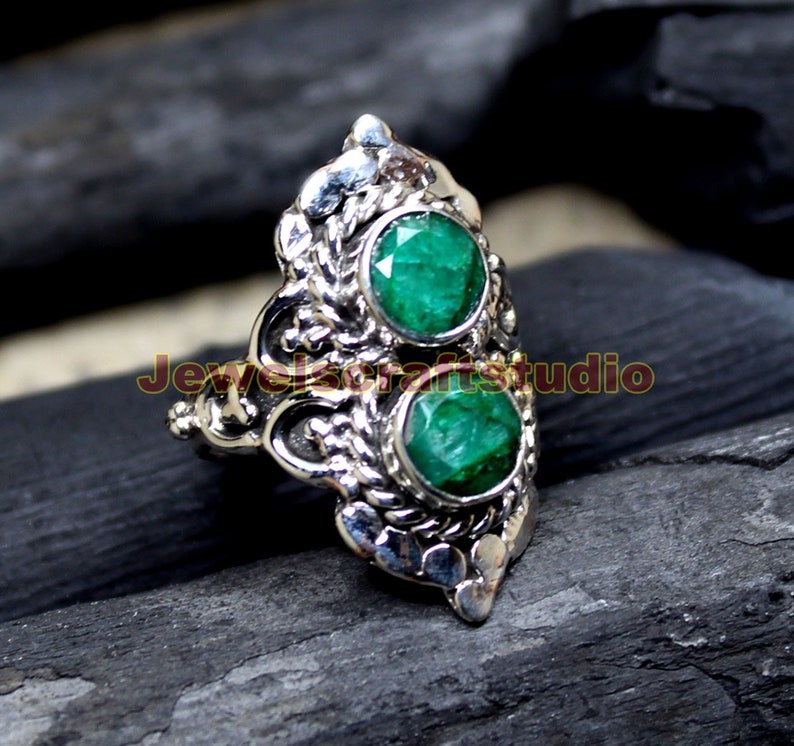 Natural Emerald Corundum Gemstone Ring Solid 925 Sterling Silver Ring Jewelry New Handmade Designer Ring Tow stone Ring Womens Gift Jewelry