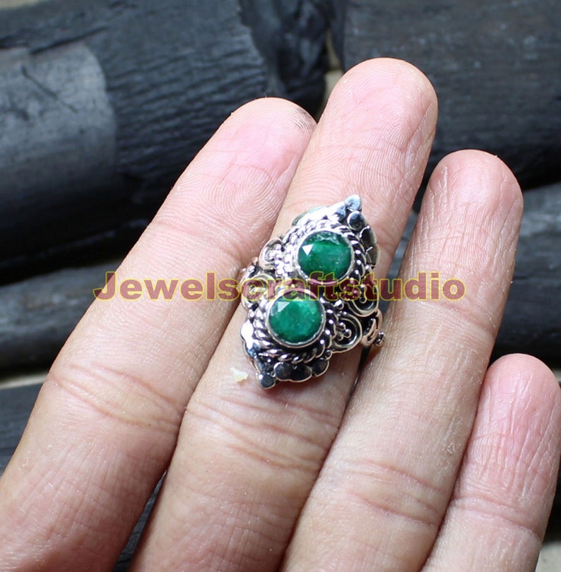 Natural Emerald Corundum Gemstone Ring Solid 925 Sterling Silver Ring Jewelry New Handmade Designer Ring Tow stone Ring Womens Gift Jewelry