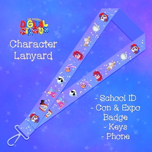 May include: A light purple lanyard featuring cartoon character designs. The lanyard has a metal clasp and text that reads "Character Lanyard". The lanyard is designed for School ID, Con & Expo Badge, Keys, and Phone.