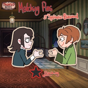 May include: Matching pins featuring two cartoon characters, with the text "Matching Pins" and "3" Synthetic Basswood". The pins are set against a hotel interior backdrop, with a star-shaped backing.
