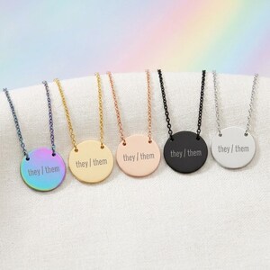 They / Them Pronouns Charm Necklace, Engraved LGBT Pride Pendant