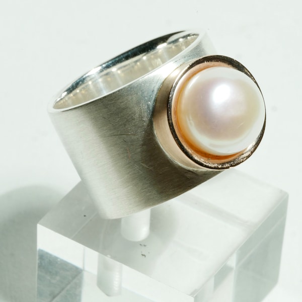 Breiter Ring Silber mit Perle Größe 53