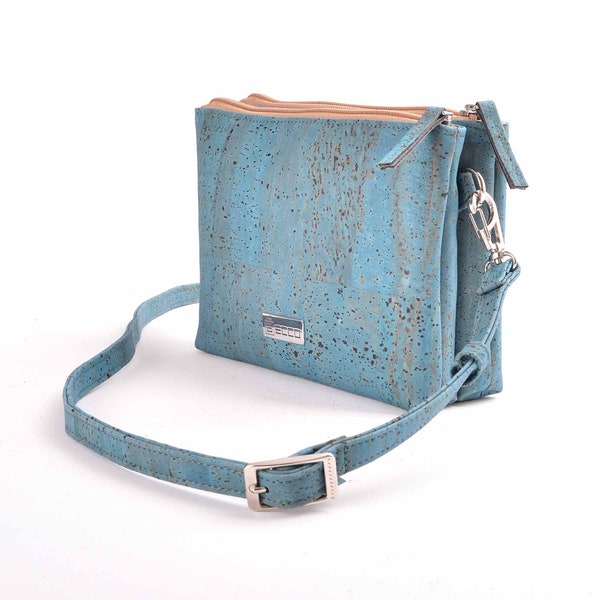 Natural Cork cross body, mini sling bag, vegan leather bag, messenger bag, cork bag, korktasche, cork clutch, blue, sea color crossbody bag