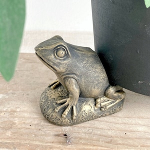 Op de afbeelding: Een gouden kikkerfiguur dat op een klein rotsblok zit. De kikker kijkt naar de rechterkant van de afbeelding en heeft een gedetailleerd ontwerp.