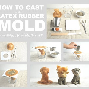 K&ouml;nnte beinhalten: Eine Schritt-f&uuml;r-Schritt-Anleitung zum Gie&szlig;en mit einer Latex-Gummi-Form. Das Bild zeigt verschiedene Werkzeuge und Materialien, darunter ein Messbecher, eine Schere und eine kleine Skulptur. Das Endprodukt ist eine Hundefigur.