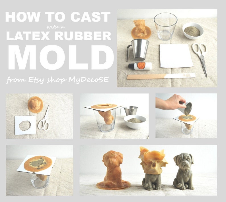 Puede incluir: Imagen que muestra el proceso de fundici&oacute;n con un molde de caucho de l&aacute;tex. La imagen incluye herramientas y materiales como una taza medidora de metal, tijeras y un peque&ntilde;o tubo de pegamento naranja. El producto final es una estatua de perro.