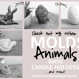 K&ouml;nnte beinhalten: Schwarz-Wei&szlig;-Bild mit verschiedenen dekorativen Formen, darunter ein Hase, ein Buddha-Kopf und ein eif&ouml;rmiges Objekt. Der Text lautet "Molds, Animals, Birds, Candle Holders...and more!" mit einer Website-Adresse.