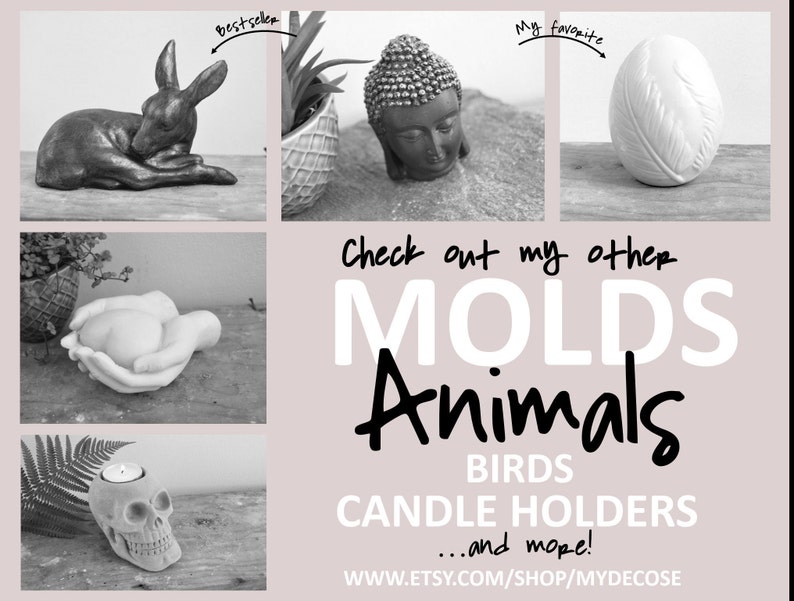 K&ouml;nnte beinhalten: Schwarz-Wei&szlig;-Bild mit verschiedenen dekorativen Formen, darunter ein Hase, ein Buddha-Kopf und ein eif&ouml;rmiges Objekt. Der Text lautet "Molds, Animals, Birds, Candle Holders...and more!" mit einer Website-Adresse.